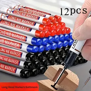 12 sets of deep hole specialized long pen tip marking pens, special oil-based carpenter marking pens, suitable for ceramic, bathroom installation, decoration and fixed wood marking, made of durable PP