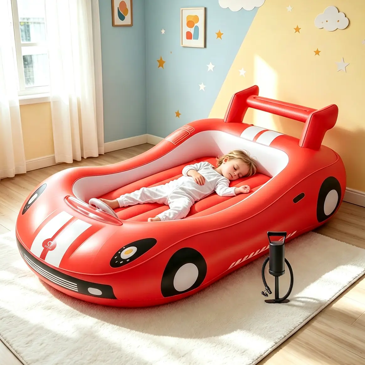 QPAU Inflatable Kids Travel Bed, Toddler Airbed with Sides, Hand Pump Included, Portable Racing Car Design, Safe Materials for Camping, Traveling Hotel Home Use Self Inflating Bed Quick Inflate tiktokshopbacktoschool