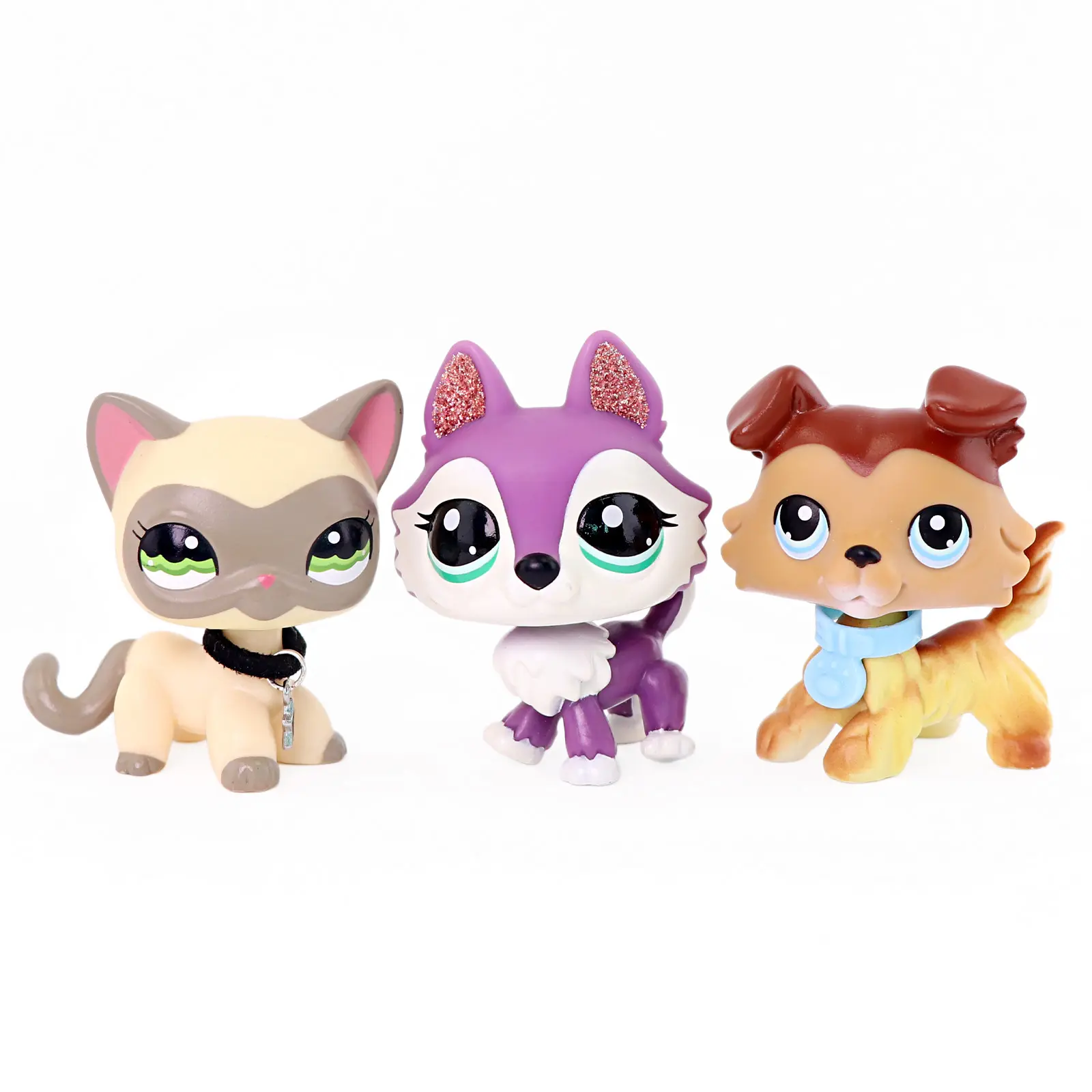 3 Pcs Lightweight Mini Animal Collectible Figures Set - Mask Cat, Glitter Ear Wolf, Collie Puppy Toys with Collar Accessories, Hand Painted Tiny Pet Statues, lpsshop Figures, Sturdy Body Withstands Daily Dropping & Scratches, Safe for Kids Age 4+ Gifts, L