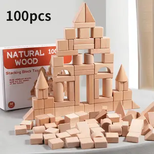 100pcs Wood Building Block Toy, Small Size Solid Beech Wood Set for Creative Construction Play, Wooden Castle Stacking Toys, Educational Toys, Interactive Play, Block Toys, Construction Toys
