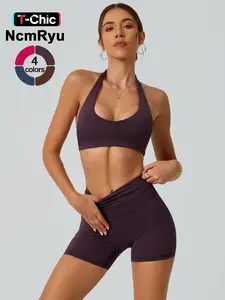 2 piece set women's sports bras shorts detachable chest pads hanging neck exposed back high waist high elasticity abdominal compression hip lifting quick drying yoga gym training clothes, Compression Fit, Gym Workout Set