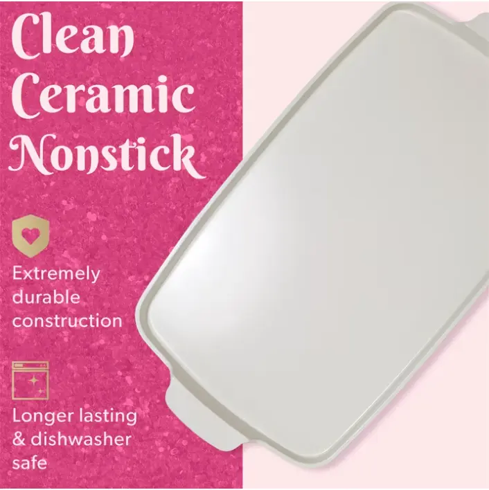 Double Burner Griddle Pan Pink Ceramic Nonstick Stovetop Cookware 17.8x10.5