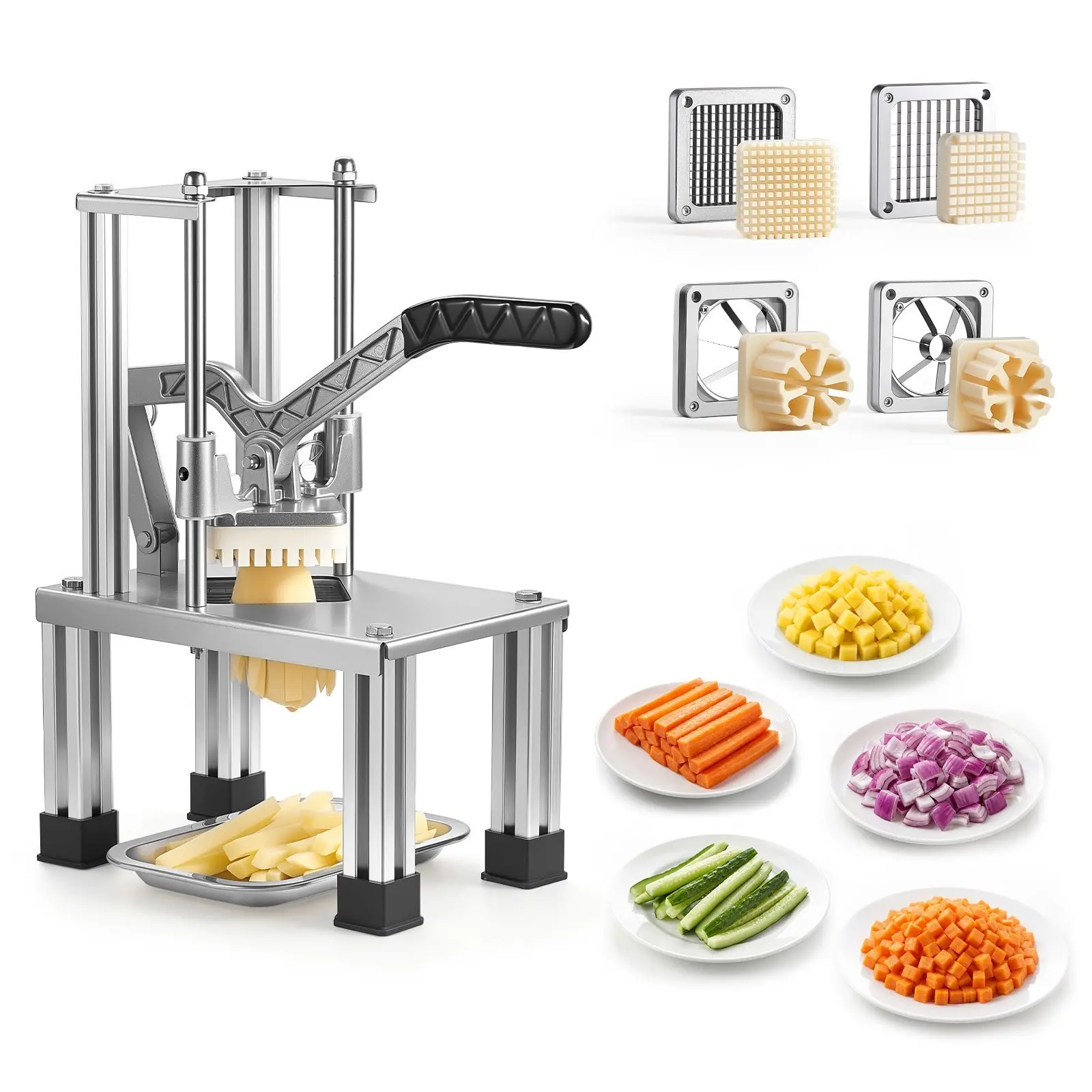 French Fry Cutter and Commercial Vegetable Chopper With 4 Blades (1/4", 3/8", 6-Wedge Plus Apple Corer), Heavy-Duty Stainless Steel Potato Slicer for Fries, Onions, Carrots, Lemons — Suitable for Home and Restaurant Use