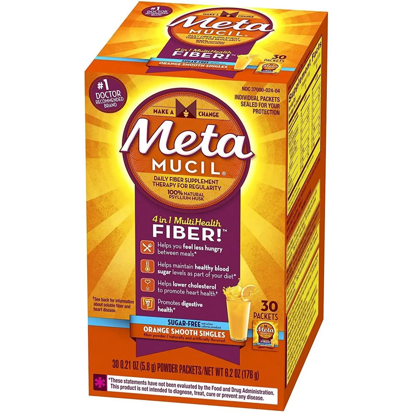 Metamucil Fiber Supplement Singles - Smooth Texture, Smoothness, Sugar-Free Orange Flavor - 30 Packets