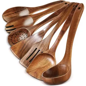 Wooden Spoons for Cooking - 7 Pieces Wooden Kitchen Utensils Set, Smooth Natural Teak Wood Utensil Set, Nonstick Heat-Resistant Cooking Utensils - Lightweight & Sturdy, Wooden Spatula for Cooking