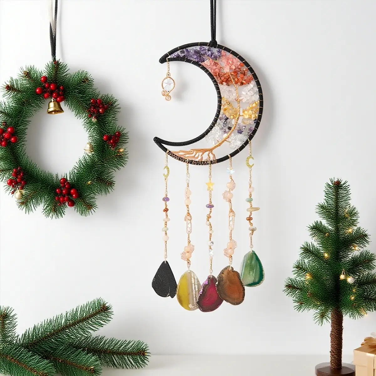 Colorful Moon Dreamcatcher Wall Hanging, Artificial Crystal Home Decor, Indoor Outdoor Decoration, Ideal Christmas New Year Gift