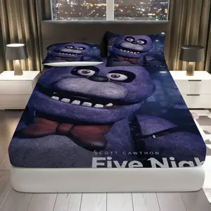 3Pcs Five Nights Freddy Horror Game Fitted Sheet Three Piece Set (1*Fitted Sheet+2*Pillowcases, Coreless), Halloween theme, Scary Bedroom Decor, Mattress protector Soft, Breathable