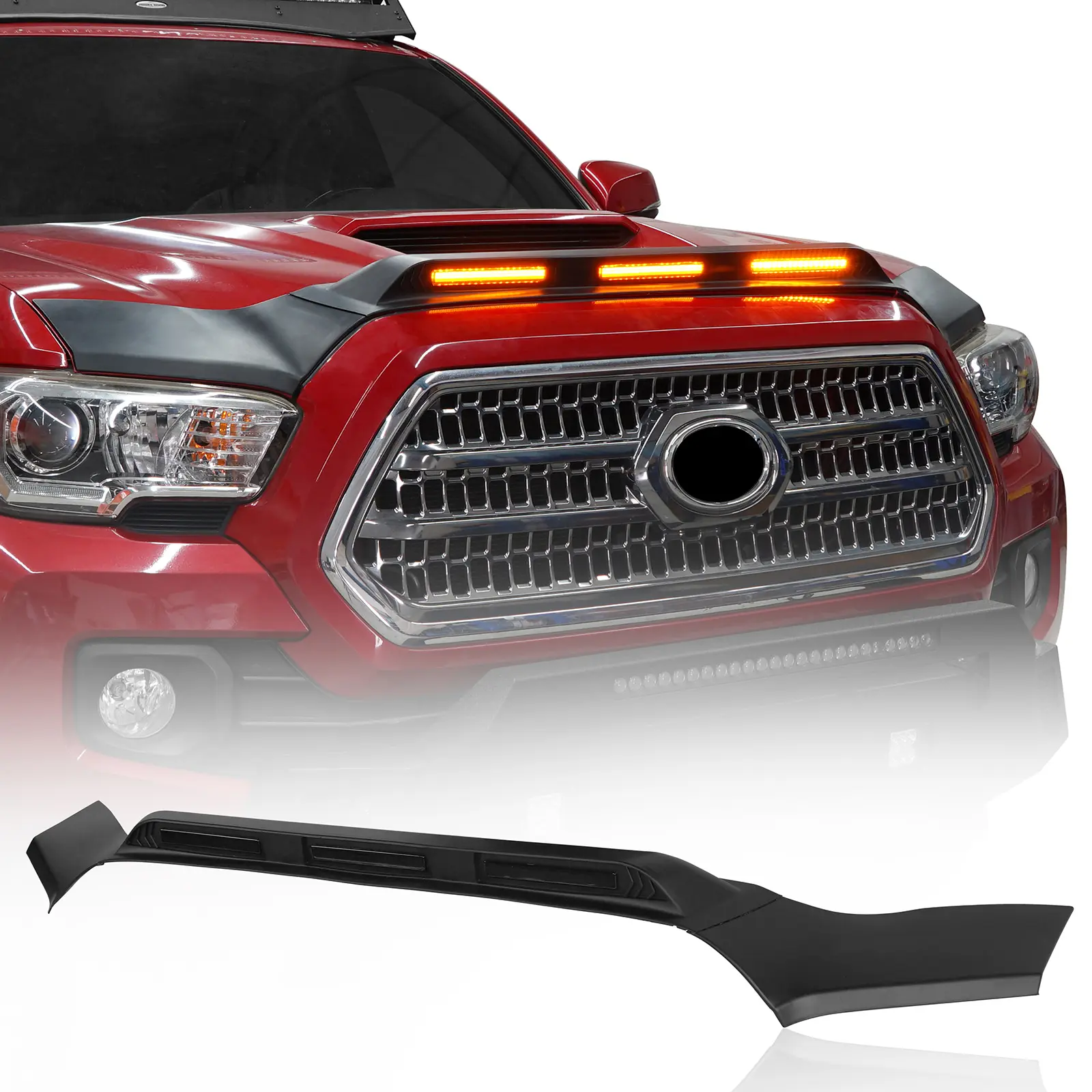 Hooke Road Durable Impact-Resistant Hood Protector - Stone & Bug Deflector with Amber Lights, No Drilling, Skin-Tight Flexible Design for 2016-2023 Toyota Tacoma Car Accessories