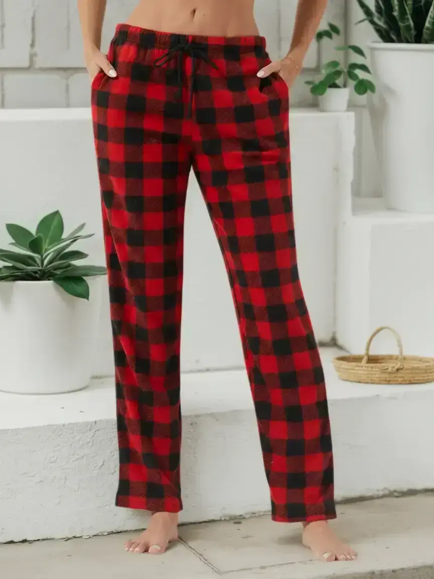 Women's Plaid Casual Fit Long Pants, Knitted Fleece Lined with Adjustable Drawstring, Casual Drawstring Waist, Polar Fleece Comfortable for Fall & Winter, Christmas New Year Gift Winter Warm Checkered Trousers