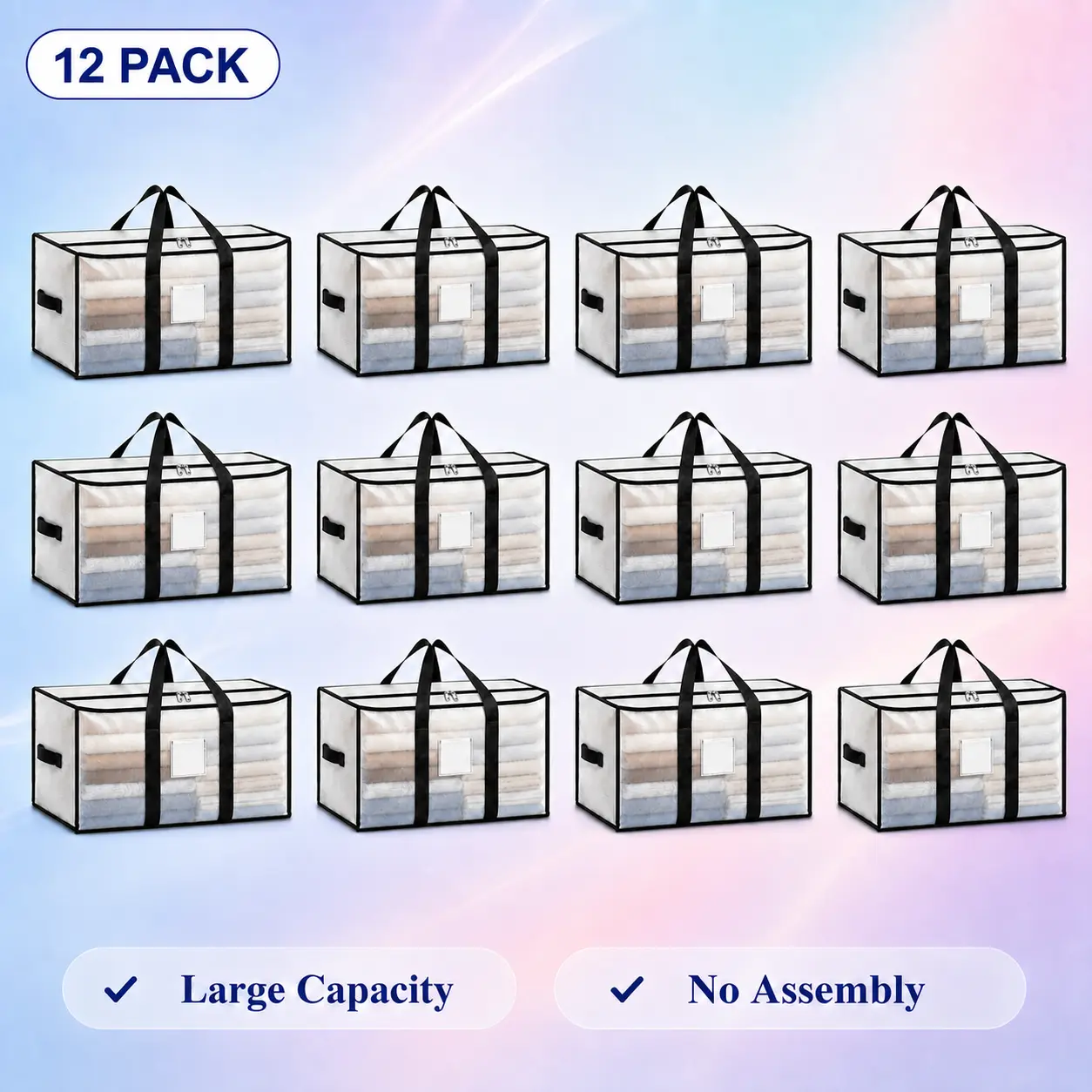 Heavy Duty Multipurpose Moving Storage Bags (6 Pack/12 Pack) - 24-gallon, 200lbs Capacity, Water-Resistant Woven PP/PE, Top Zipper Bag, Tag Pocket, Handle, Clear/Blush Pink, Space-Saving Versatile Home Supplies, College Dorm Move-In Ready