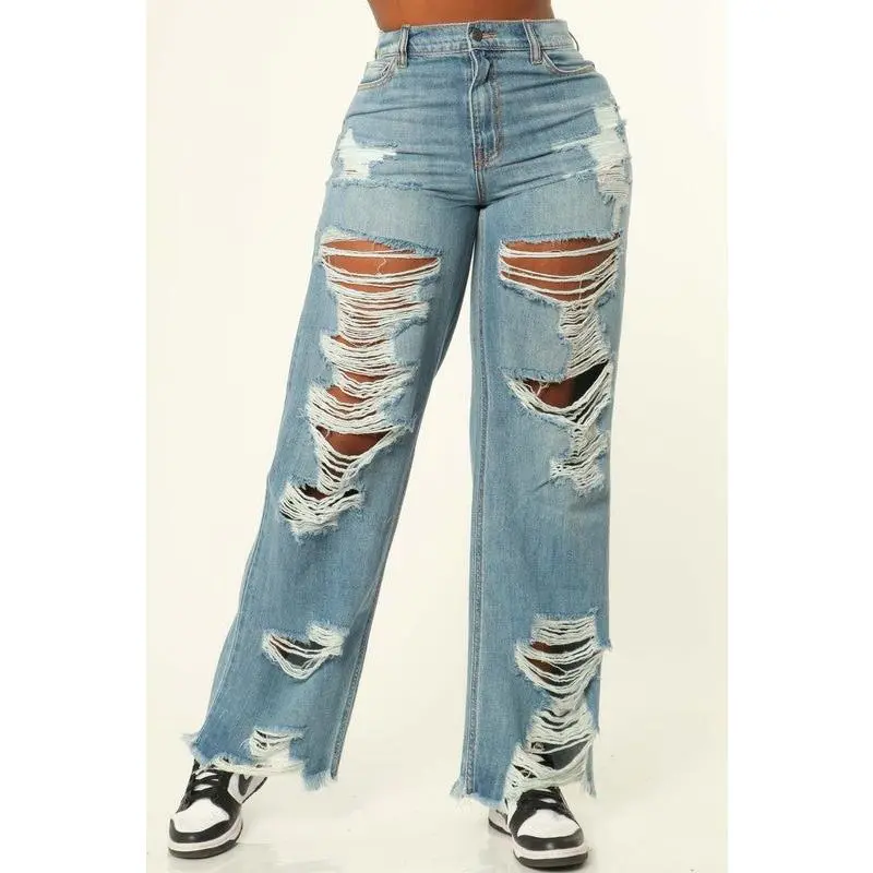 Zen Distressed Wide-Leg Ripped Jeans – High-Waisted Denim