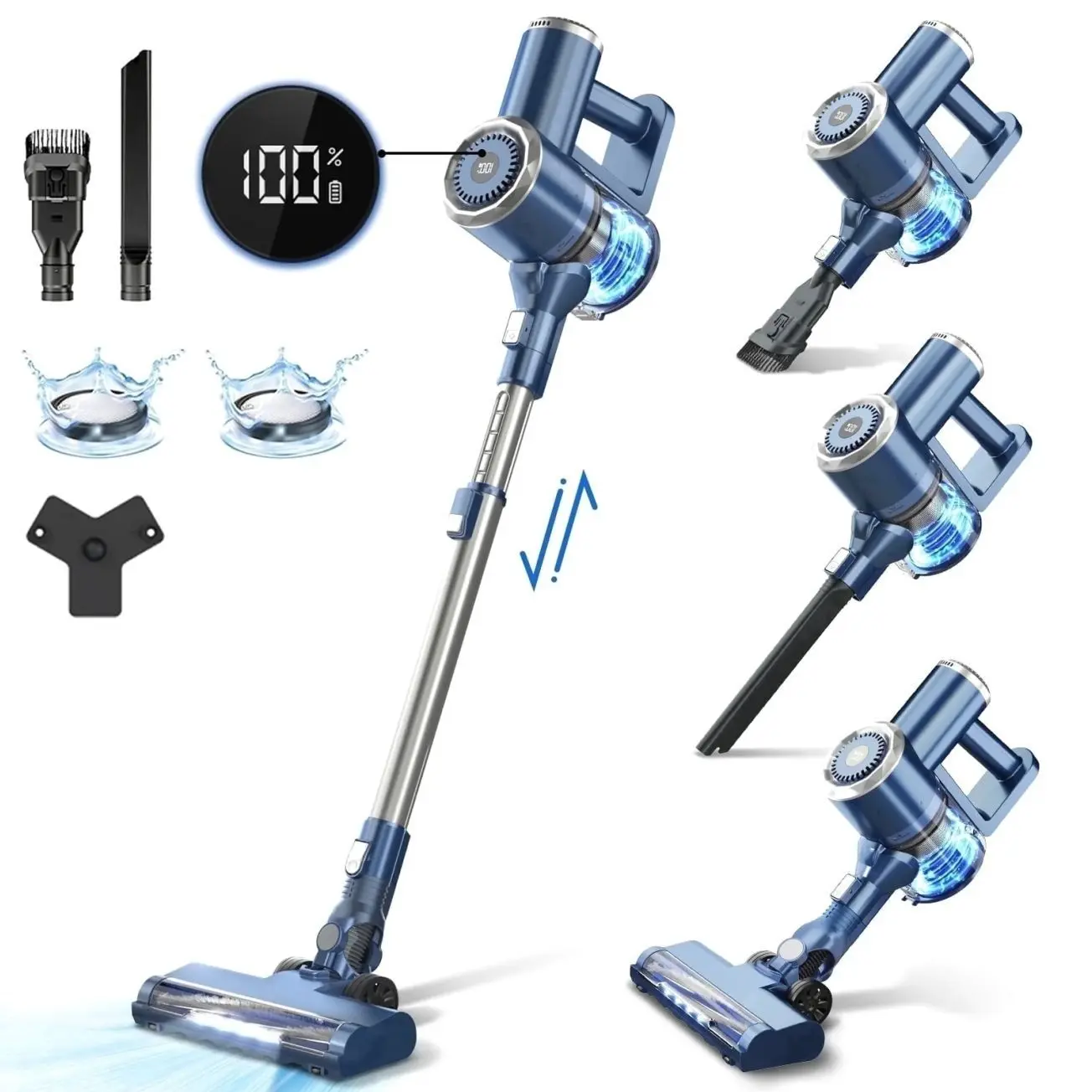 PrettyCare Cordless Stick Vacuum Cleaner, 38KPA 50mins 2600mAh 6-in-1 Lightweight Upright for Carpet Hard Floor Pet Hair W200 Upgraded