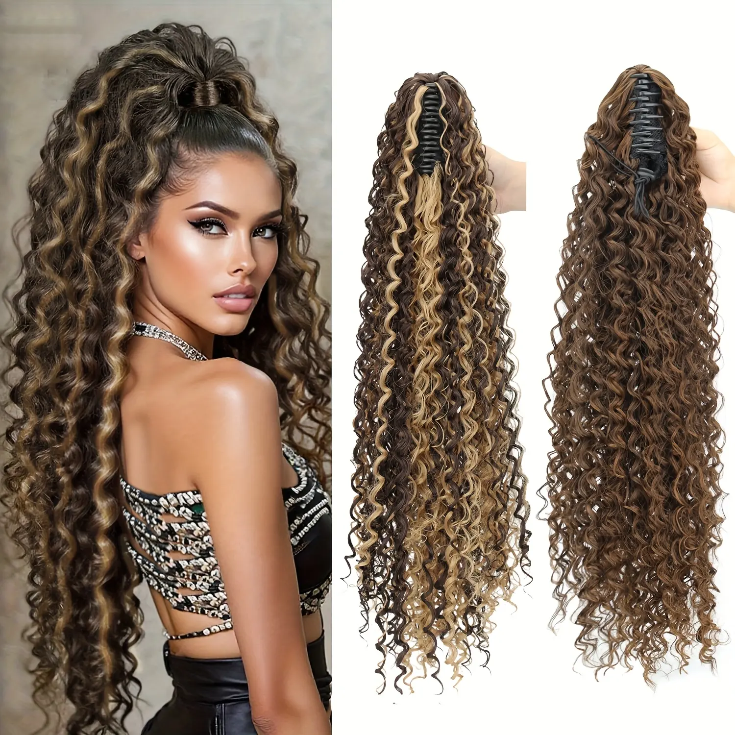 24 Inch Long Water Wave Curly Claw Clip Ponytail Extensions Premium Synthetic Fiber Brown Balayage Highlight Ponytail Hairpiece for Women Daily Party