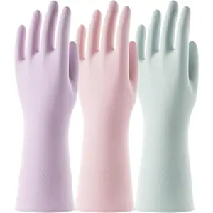 3 Pairs Colorful Household Gloves with Cotton Liner & Non-slip Grip, Water Resistant Reusable Dish Washing Rubber Gloves for Kitchen & Bathroom Cleaning, Small