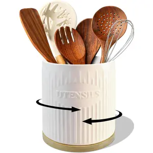 360? Rotating Utensil Holder, 7.6" Large Ceramic Kitchen Utensil Holder for Countertop with  Base,  Utensil Organizer, Farmhouse kitchen Decor, White