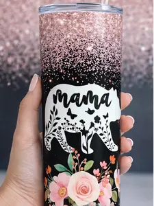 MAMA BEAR TUMBLER 20oz Skinny Double Wall Insulated Black Pink Glitter Fade Floral Design Perfect Gift for Moms Drinkware Flasks
