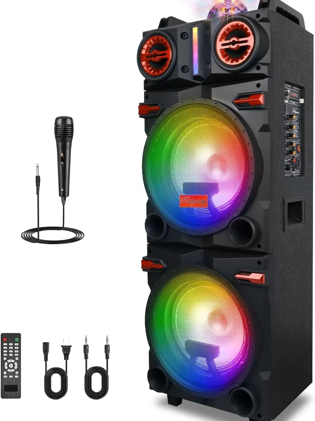 Dazone Portable Bluetooth Speaker with Dual 10" Subwoofer Wireless Rechargeable PA System Wired Microphone LED Lights TWS FM Audio Karaoke Boombox