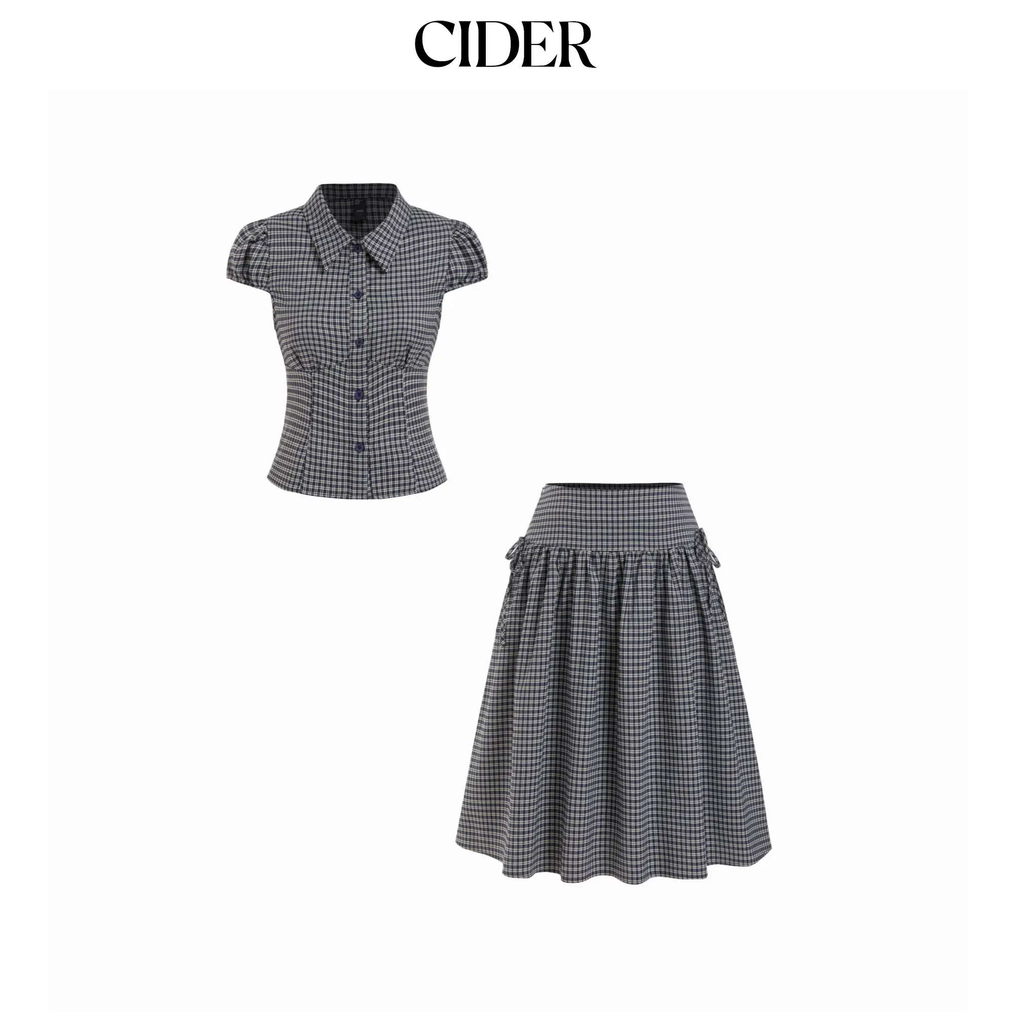 Cider Lady's Casual Fitted Short-Sleeve Gingham 2-Piece Clothes Set - Retro Top, Low-Rise Ruched Midi Skirt with Drawstring Waist, Plaid