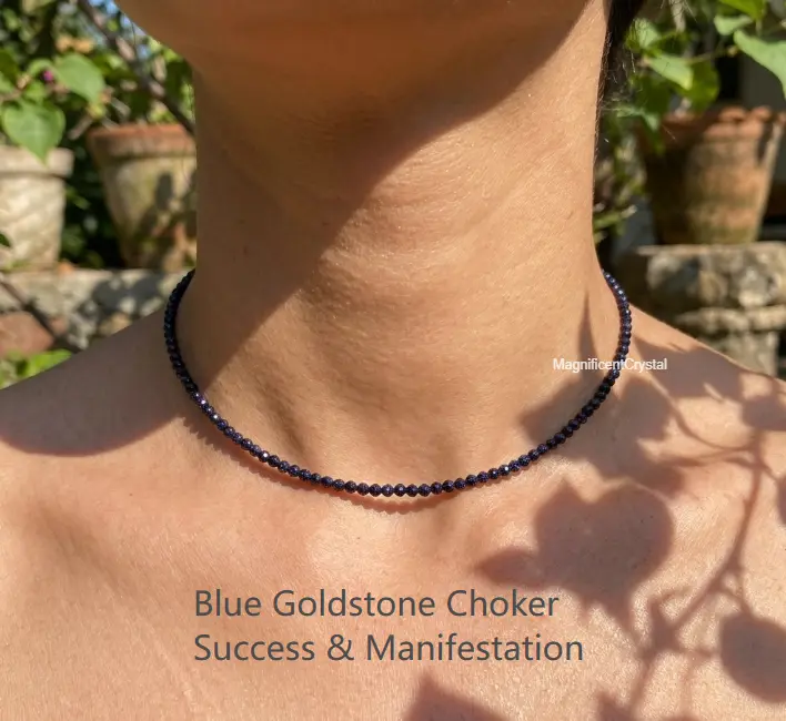Women's Genuine Blue Goldstone Choker Necklace - 2-3 mm Faceted Beads, Healing Crystal for Spiritual Manifestation, Motivation, Minimalist Costume Jewelry Gift