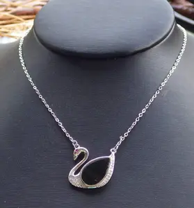 Silver 925 Certified 100% Natural Myanmar Burma A Jade Jadeite Black Dark Green Swan Pendant Necklace