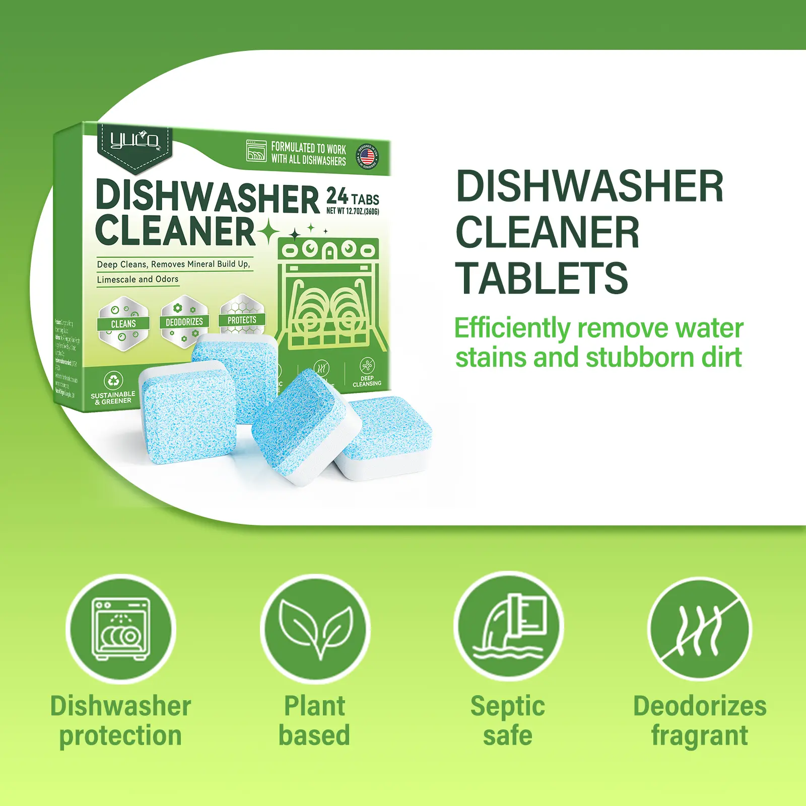 YCUO Dishwasher Cleaner and Deodorizer Tablets - 24 Pack,Deep Cleaning,Natural Formula,Effective Limescale & Odor Removal,Calcium,Scale,Hard Water Stains,Oil,Compatible with All Models