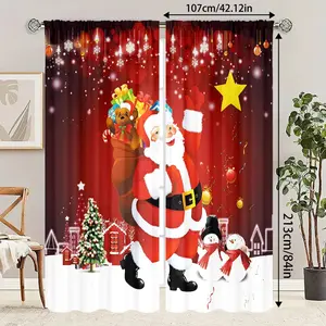 Santa Gift Snow Scene Print Curtain Set, 2-Piece Christmas Decor, Festive Living Room Bedroom Decoration, Happy Holiday Atmosphere