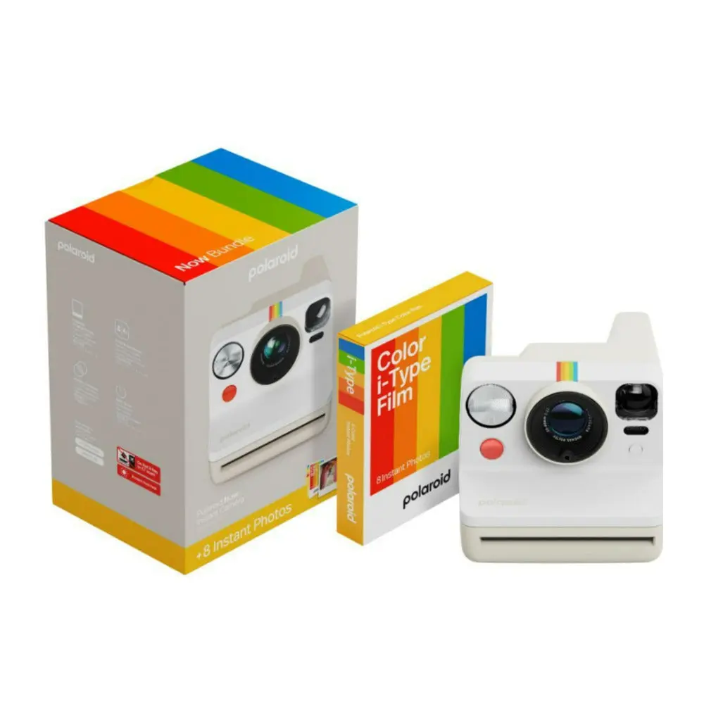 Polaroid Now Generation 3 Analog Instant Camera (White) Rechargeable Bundle with I-Type/600 Film, 8-Photo Color Film, Self-Timer Mode, USB-C, 40% Recycled Materials, Improved Light Metering System, Full Size Pics