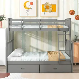 Twin Over Full Bunk Bed with Storage Drawers, Wooden Bunk Bed with Ladder and Safety Guard Rails, Gray Finish, Space-Saving Kids Bedroom Furniture, Heavy Duty Frame, Easy Assembly, 2-Tier Bed for Children, Guest Room, Dormitory