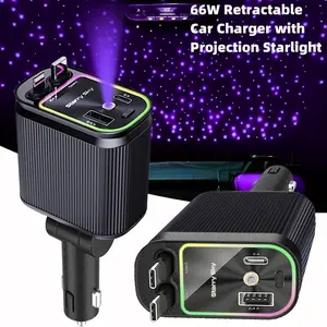 Star Projector Feature Headliner Car Charger 4-in-1  car charger Vehicle & Travel Dual Ports for iPhone Retractable Charger Built-in Starlight Projector