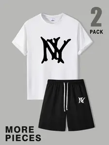 Men's Summer Fashion Casual Wear Short Sleeve Shorts American Street Style Matching Set Printed with Personalized Letter Patterns Summer Personalized Two Piece Set Outfit