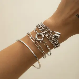 Hip-hop style clasp bracelet set for women, 4-piece geometric circle clasp set