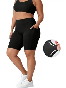 1-Pack Plus Size High Waist Crescent Shaped Pocket Capri Pants, Casual Style, High Stretch Fabric, Summer Season, Seamless Full Coverage Gym Shorts, Super Soft Stretchy Polyester Blend Activewear for Running, Fitness, Machine Washable, Black
