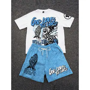 Manfinity Streetrush Men's Summer Skull & Letter Print Crew Neck Short Sleeve T-Shirt And Drawstring Waist Shorts Set Men's 2 Pieces Outfits Short Set Men Two Pieces Short Sets