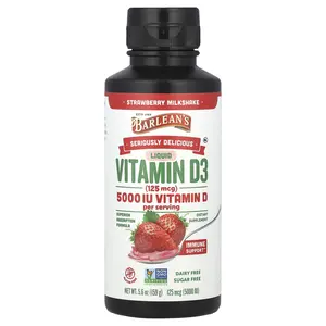 Barlean's Seriously Delicious, Liquid Vitamin D3, Strawberry Milkshake, 125 mcg (5,000 IU), 5.6 oz (159 g)