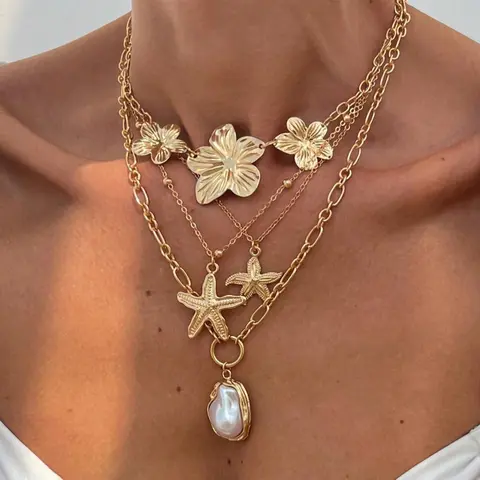 4 Piece Set Women's Vintage Creative Elegant Fashion Metal Flower Baroque Imitation Pearl Necklace, Ocean Style Starfish Pendant Layered Necklace Set Modern Versatile Accessories Layered Chain Necklaces