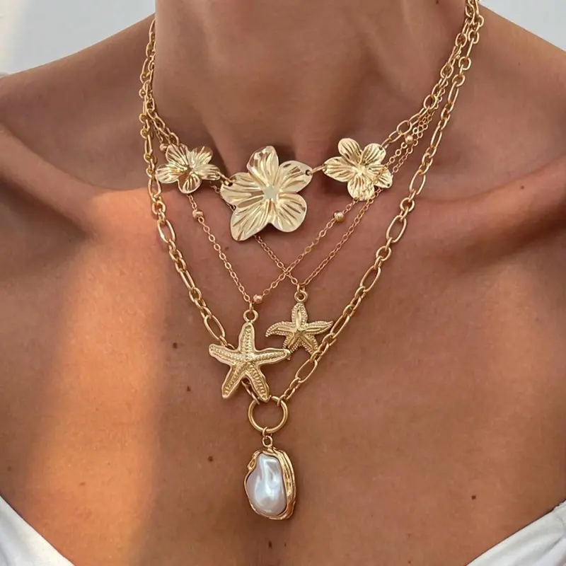 4 Piece Set Women's Vintage Creative Elegant Fashion Metal Flower Baroque Imitation Pearl Necklace, Ocean Style Starfish Pendant Layered Necklace Set Modern Versatile Accessories Layered Chain Necklaces