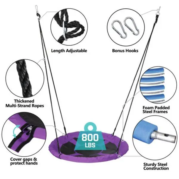 40 Inch Heavy-Duty Saucer Tree Swing for Kids Outdoor Play, 900D Oxford Fabric Round Seat with Adjustable Ropes & Sturdy Steel Frame, Purple