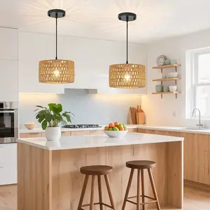 Large Farmhouse Chandelier - Handwoven Rattan Chandelier Semi-Flush or Hanging Mount Suitable for Kitchen Island Dining Room Bedroom - Bohemian (120V Bulb Not Included) Crystal Modern Pendant Light Decorative Ambiance Lightin shower lamp g lights