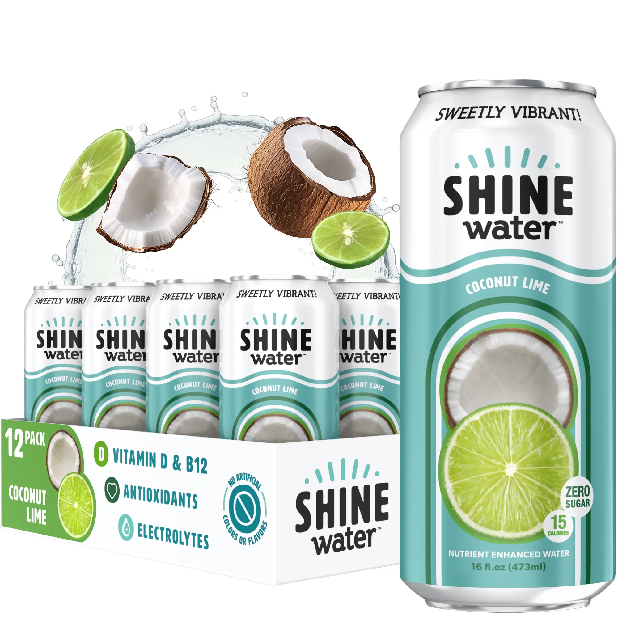ShineWater Coconut Lime Flavored Vitamin-Enhanced Hydrating Water - 12 Pack, 0 Sugar, Low Calories, Plant-Based Electrolyte, Gluten-Free, Kosher, Made in USA, Natural Energy Healthy Beverage with Zinc Gluconate, Physician-Approved