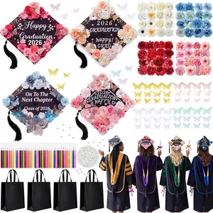 180 count Graduation Cap Decorations Kit 4 Adjustable Grad Cap, Faux Flower Heads  Butterfly  Beads Glitter Glue Totes Bag for 2026 Graduation Dress Grad Hats Topper Party Craft DIY