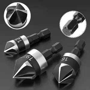 90-Degree 5 Blades Chamfering Drill Bit Set, Hex Shank Drill, 3pcs/set Countersink Drill Woodworking Hole Opener Tool Set, Power Tool Accessories