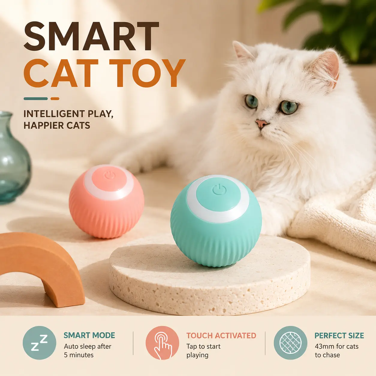 Smart Cat Toy Ball (USB Rechargeable / Auto-Avoidance / 5-Min Smart Dormancy)