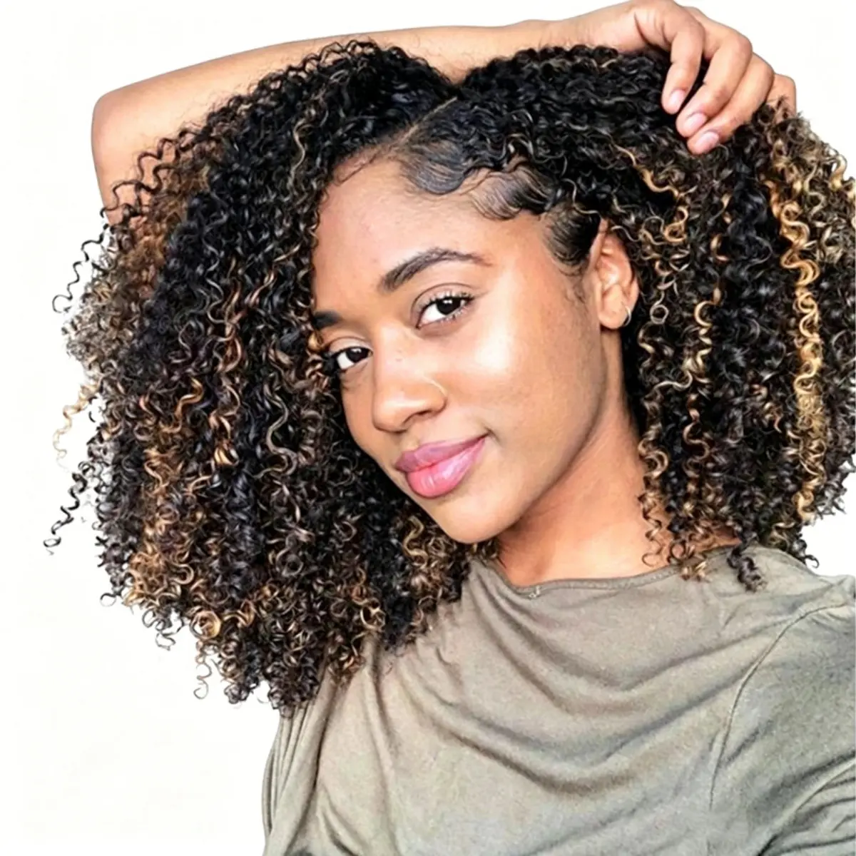BGMgirl Hair Half Wig, 1B/30 Ombre Brown Highlight Kinky Curly Human Hair for Women, Glueless Flip Over Style with Seamless Invisible Hairline, 180% Density, Unisex, Flip Over Updo, Seamless Line