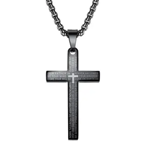  Inspirational Bible Verse Cross Necklace for Men Boys, Stainless Steel Silver Cross Pendant Necklace for Men 24 Inches Curb Chain Faith Jewelry Gift