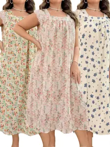 Women's Floral Lace Trim Sleepwear Set, Loose Fit Summer Nightgown & Pajama Suit, Soft Cotton Fabric, Casual Home Wear