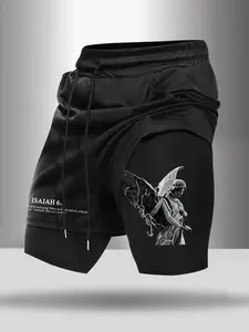 Men's "ISAIAH 6" Angel 2-in-1 Compression Graphic Print Shorts, Fitness Shorts, Black & White Print, Gothic Streetwear Aesthetic, Stretch Fabric, Secure Drawstring Fit, Perfect for Gym & Street Style Fans, Ideal for Workouts/Outings