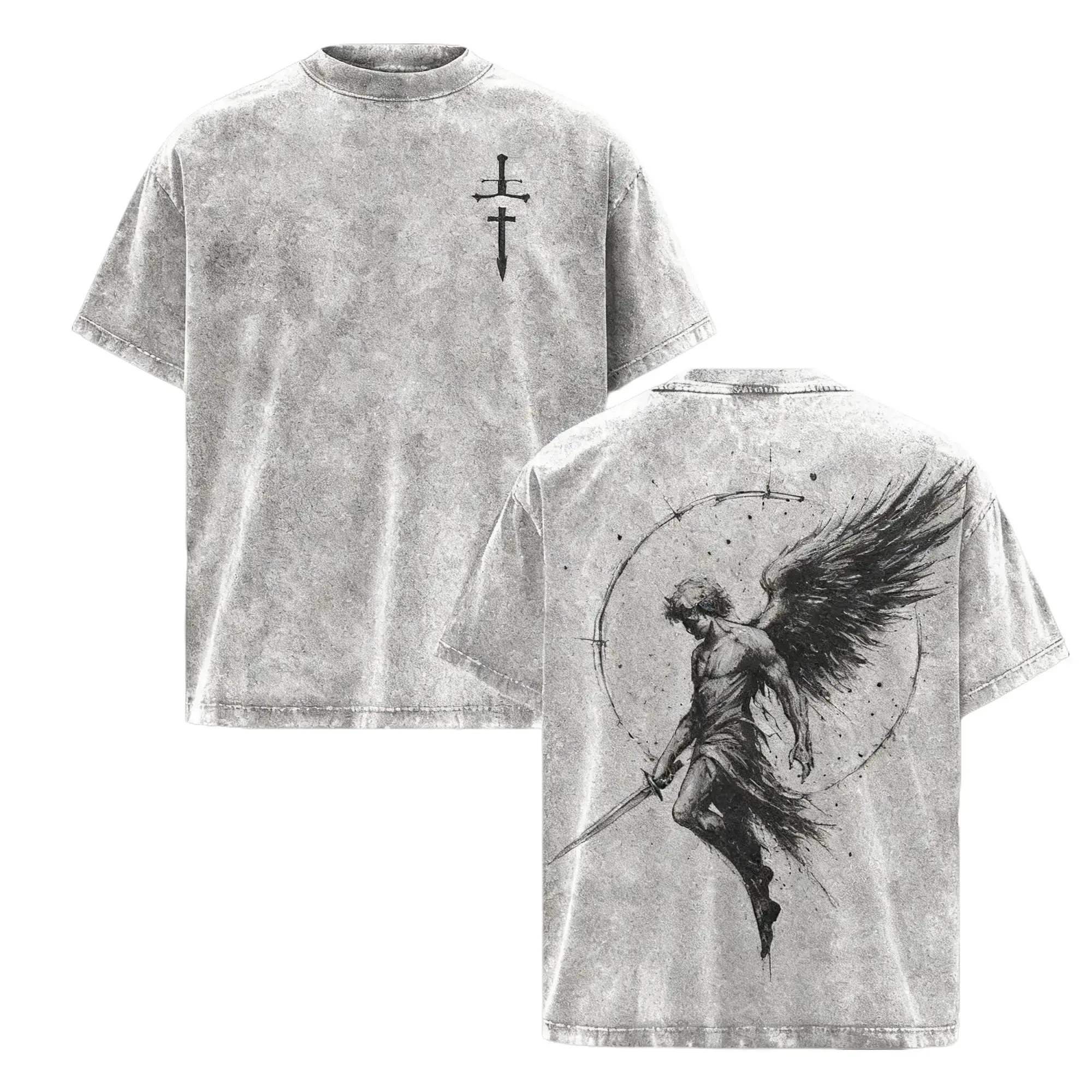 Fallen Angel Sword Washed Tee – Vintage Heavy Cotton Graphic T-Shirt for Men, Oversized Breathable Streetwear Crew Neck Short Sleeve Couple Style Casual Top