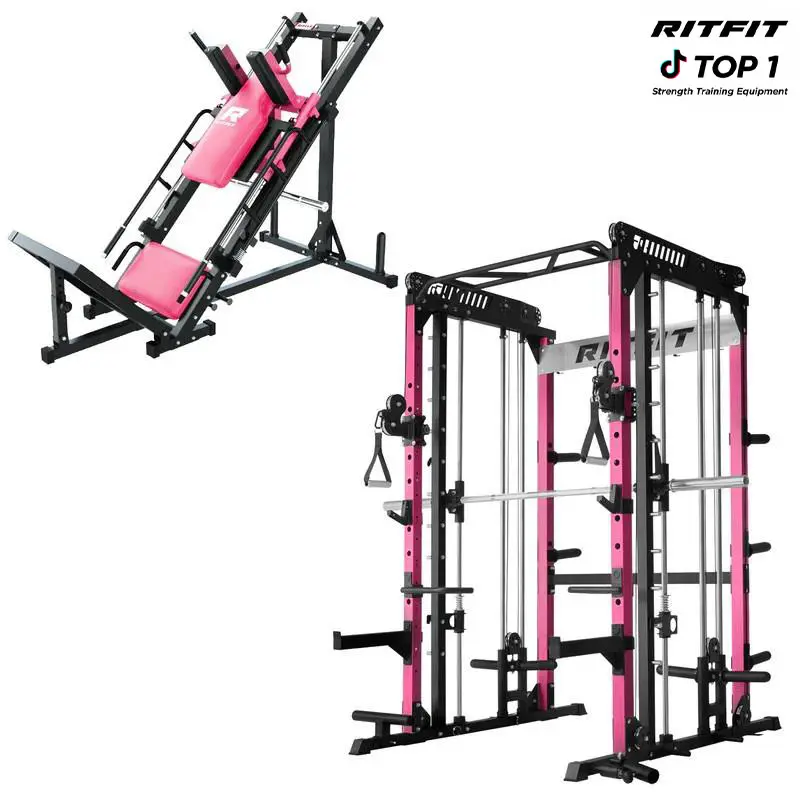 RITFIT M1 PRO Pink Smith Machine Package, Unisex Steel At Home Gym Equipment with Cable Crossover, Pull-Up Bar, Adjustable Squat Rack & BLP01 Leg Press Hack Squat