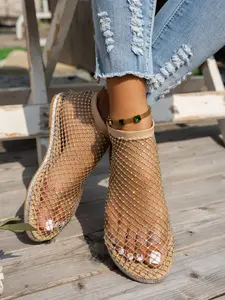 Women's Rhinestone Mesh Hollow Out Round Toe Flat Sandals, Casual Summer Beach Vacation Shoes, Soft Sole Breathable Slip-On Slippers, Glitter Design Slides