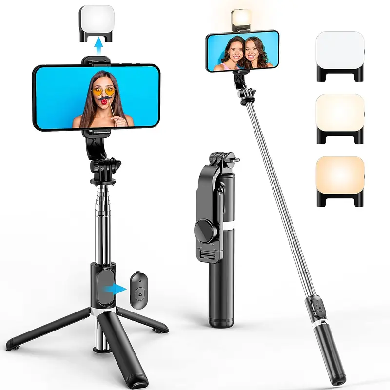 41" Extendable Aluminium All-in-1 Selfie Stick Tripod - LED Fill Light, Wireless Bluetooth Remote, Cable, Portable Mount, Phone Stand for Smartphone/Cellphone Videography (iPhone, Android, Camera, GoPro; Summer Gifts)